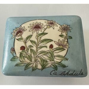 Vintage Sage Floral Chinese Pottery‎ Trinket Box Signed 5"